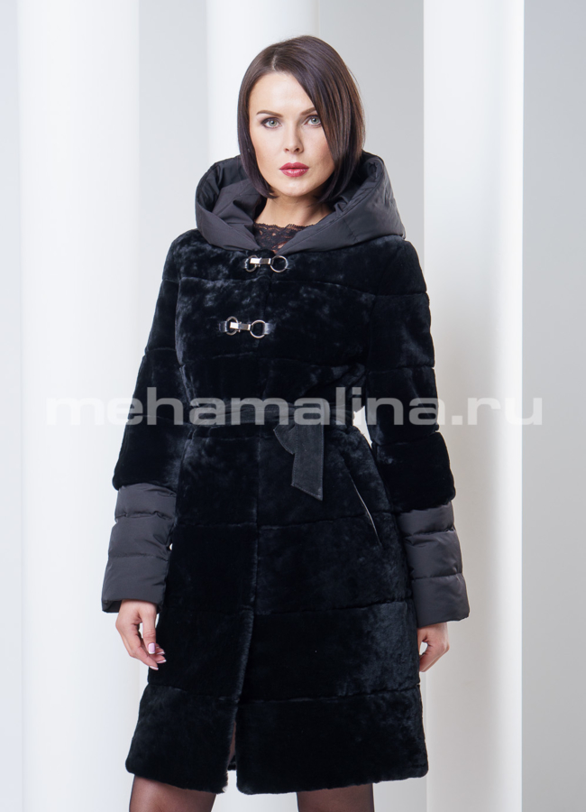 Шуба из мутона со съемными элементами модель № S-284 меха малина