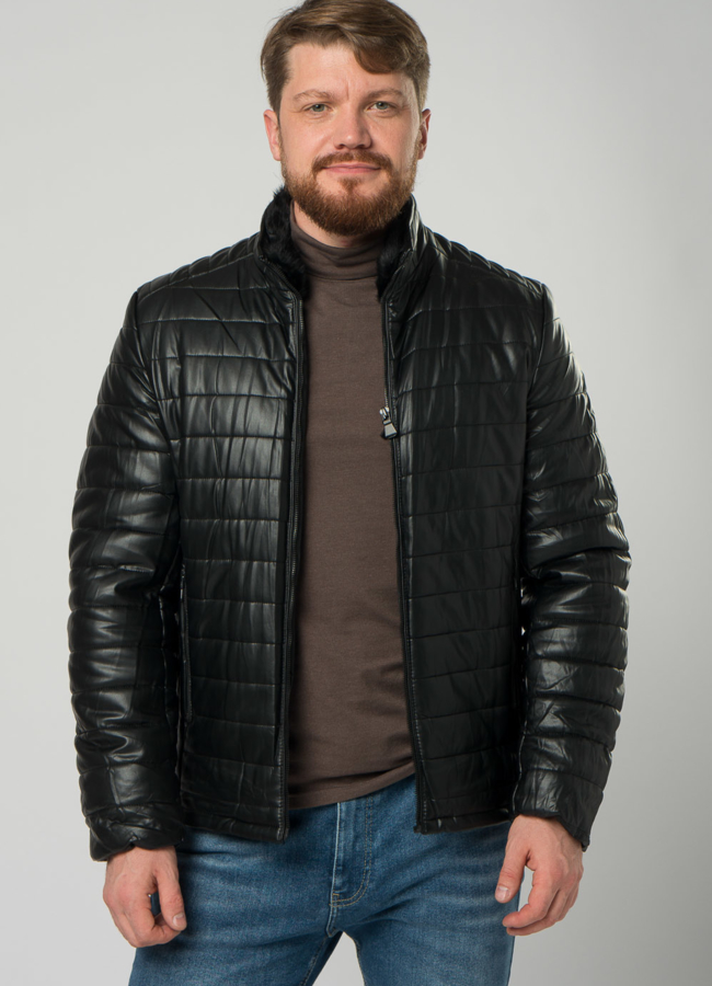 Мужской пуховик из эко кожи черного цвета модель № 21960 универмаг малина