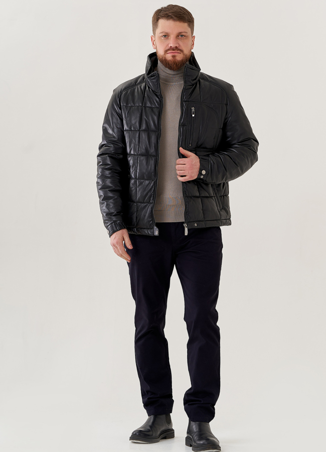 фото Мужской пуховик из натуральной кожи со стойкой  модель № 78959