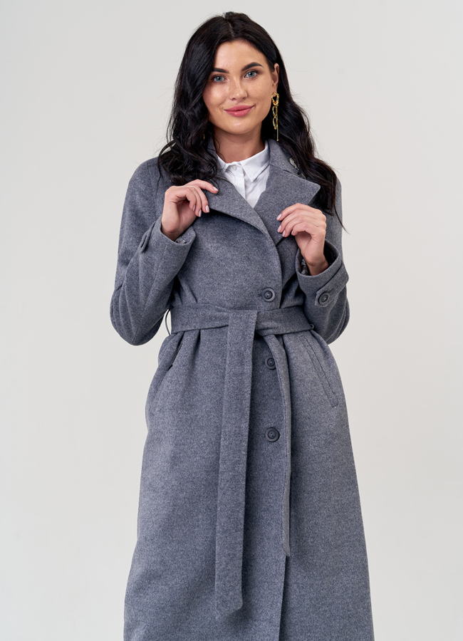 Женское пальто серого цвета с поясом модель № 21373 меха малина
