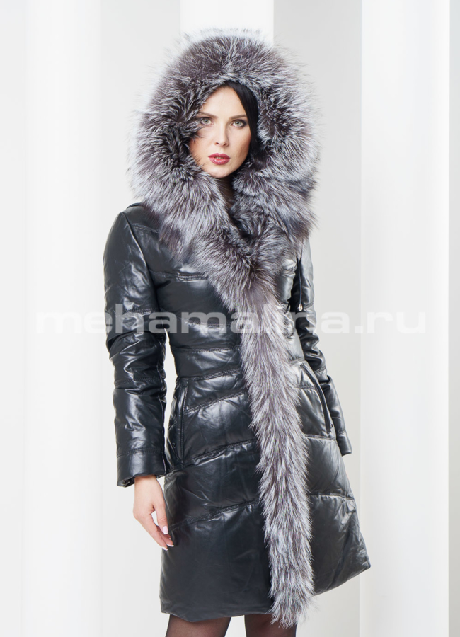 фото Пуховик кожаный на молнии модель № П-36