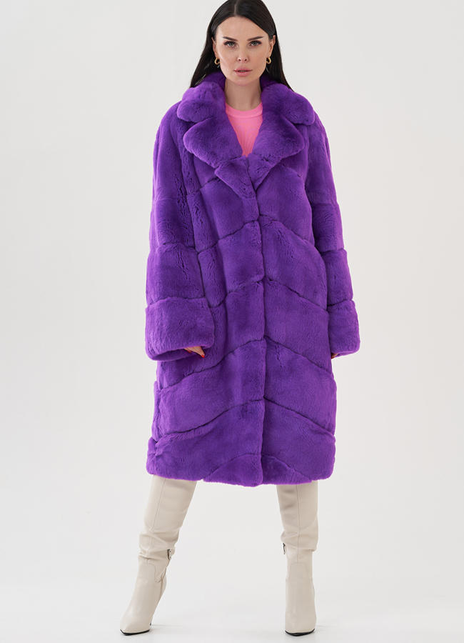 фото Длинная шуба из кролика фиолетового цвета модель № 81497