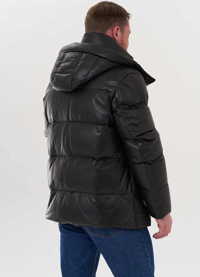 Пуховик из натуральной кожи с капюшоном модель № 25996 универмаг малина