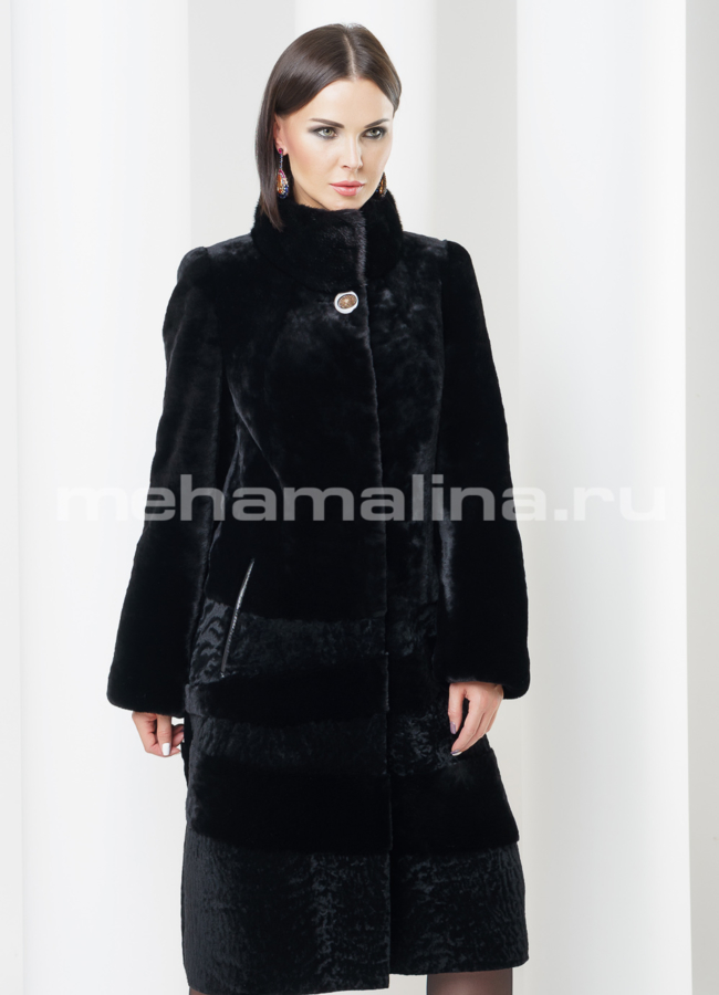 Шуба из мутона, воротник стойка модель № S-428 меха малина