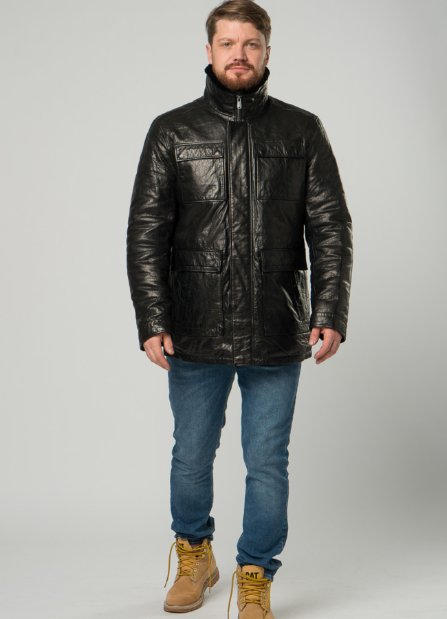 фото Мужской пуховик из натуральной кожи черного цвета модель № 21922