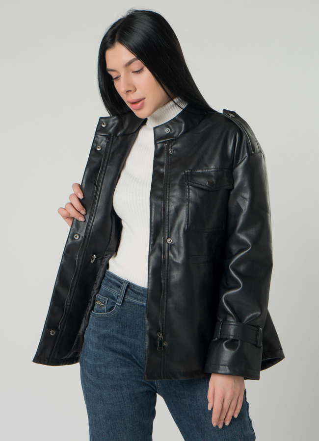 Женская куртка-рубашка с кулиской на талии  из эко кожи  модель № 22407 универмаг малина