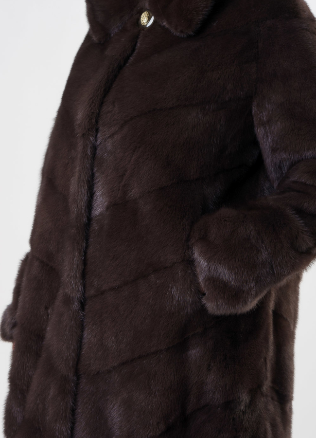 Длинная норковая шуба с капюшоном модель № S-1005 в рассрочку