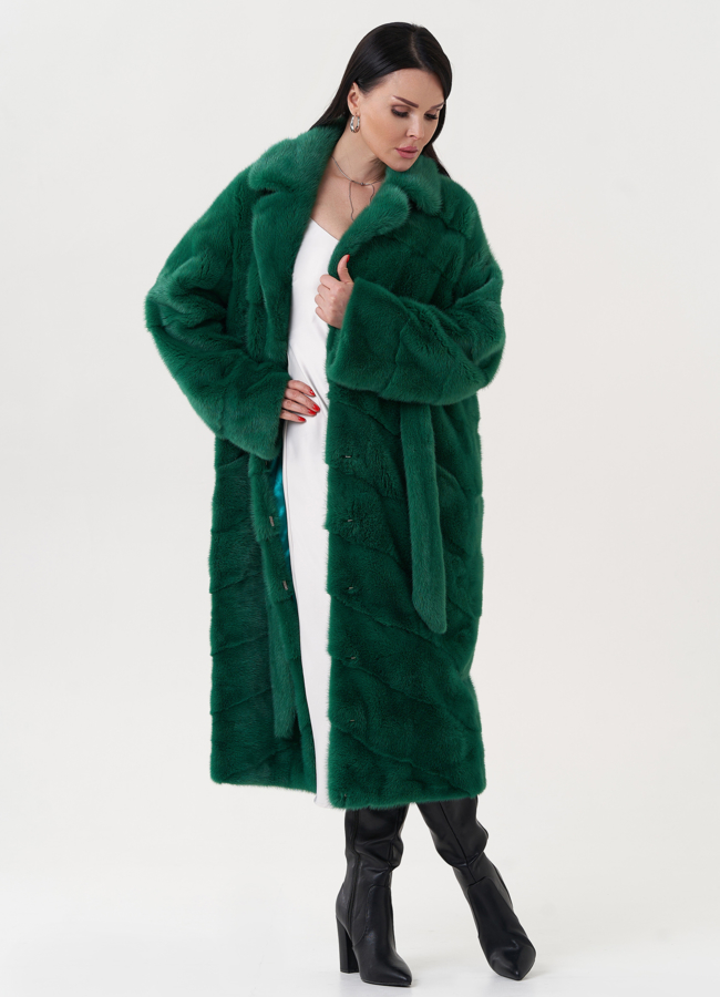 Норковая шуба зеленого цвета с поясом модель № 23820 в рассрочку