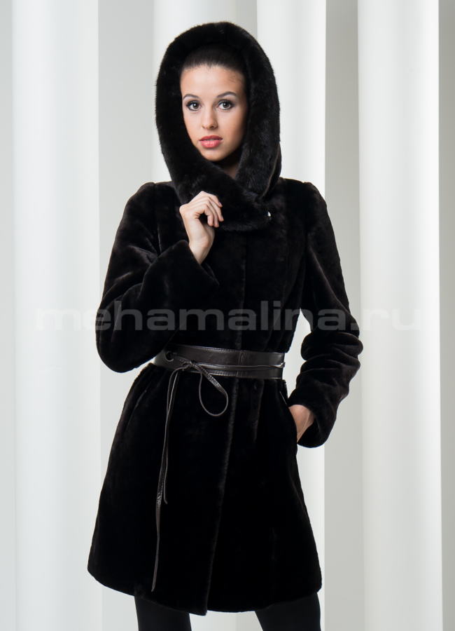 фото Шуба мутон с норкой, цвет шоколад модель № S-113
