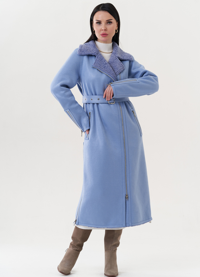 Дубленка из эко замши с английским воротником модель № 26728 меха малина