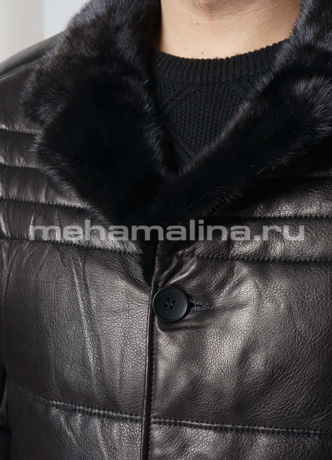 Мужской кожаный пуховик на пуговицах  модель № ПМ-111 в рассрочку