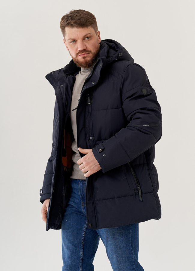 Мужской пуховик синего цвета с капюшоном  модель № 79628 универмаг малина