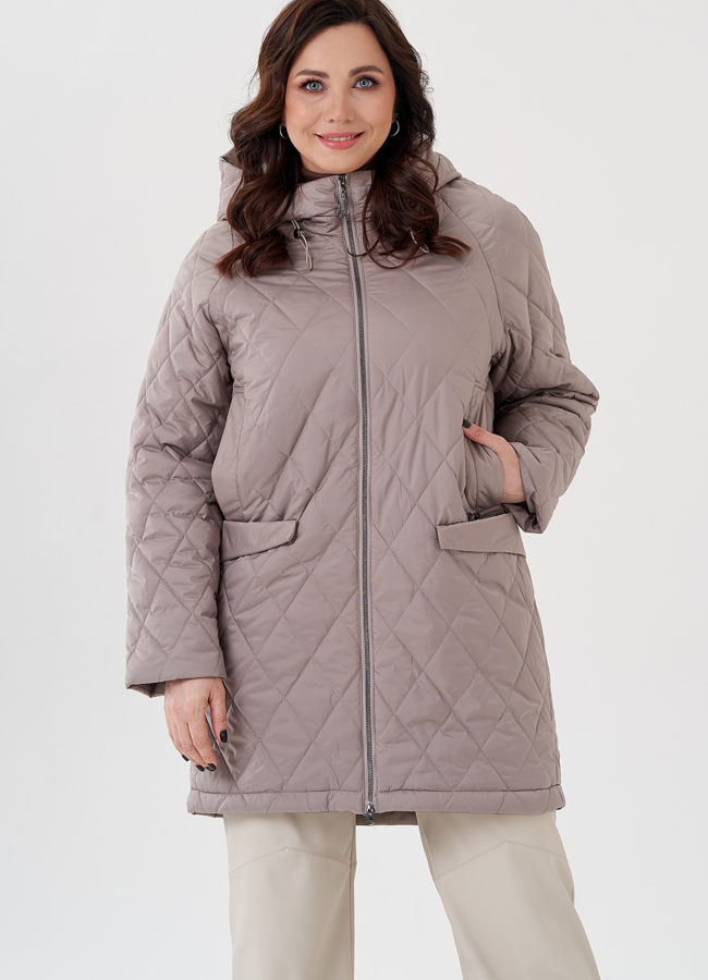 Полупальто с капюшоном бежевого цвета  модель № 23938 меха малина