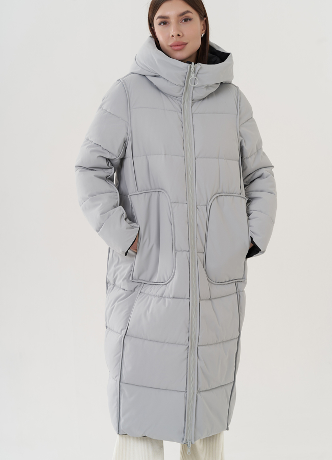 Женский двусторонний пуховик с капюшоном  модель № 25385 универмаг малина