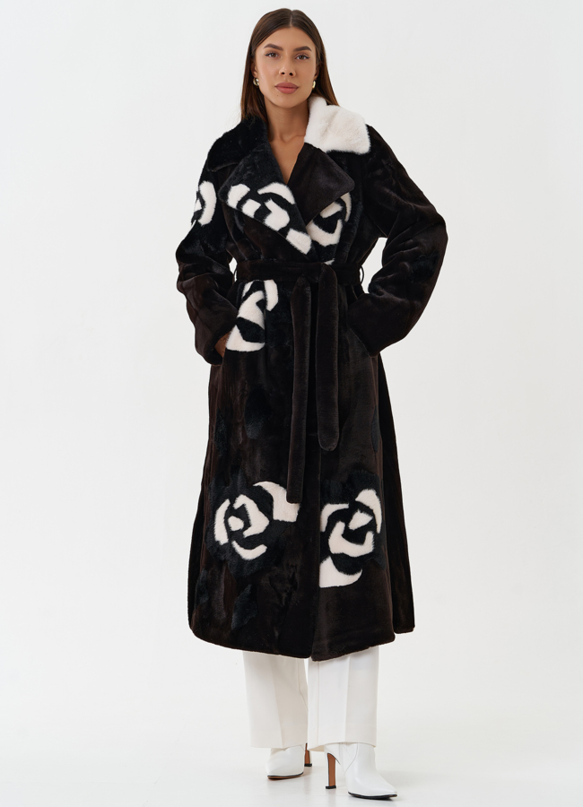 Пальто из эко меха с цветочным принтом модель № 28459 меха малина