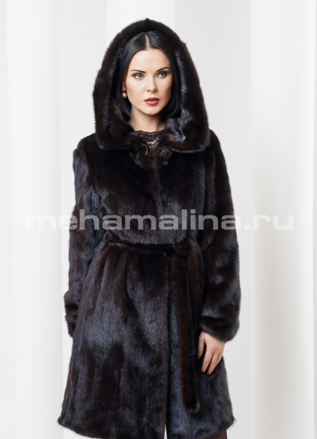фото Норковая шуба с поясом 100см модель № S-354