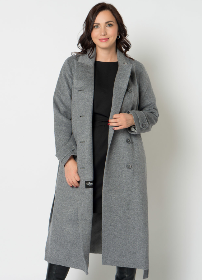 Женское пальто серого цвета с поясом модель № 21373 универмаг малина