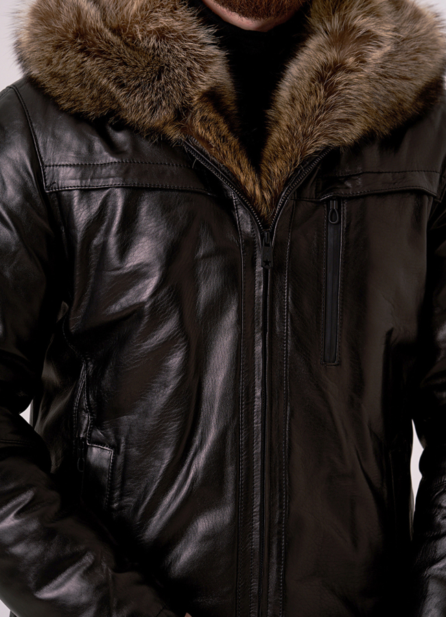 Кожаный пуховик с меховой отделкой  модель № 9255 в рассрочку