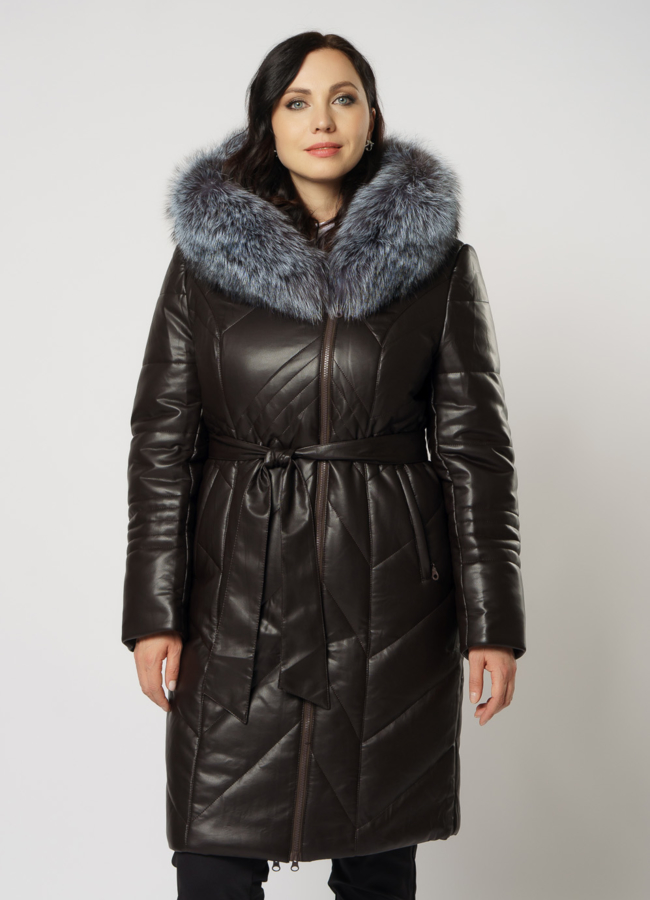 Пуховик из эко кожи с капюшоном на молнии модель № 18260 универмаг малина