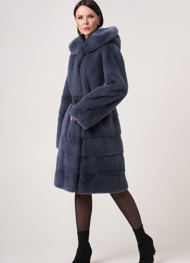 Шуба из норки на поясе с капюшоном модель № S-756 меха малина