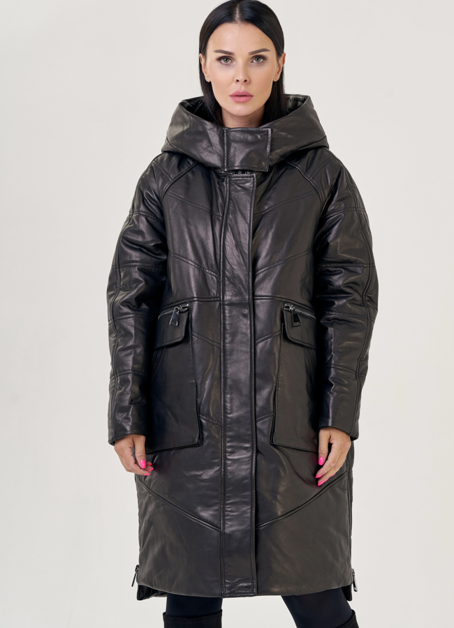 Женский пуховик из натуральной кожи с капюшоном модель № 23266 универмаг малина