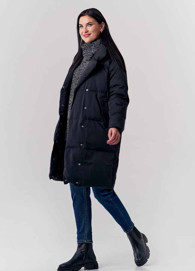 Пуховик черного цвета с английским воротником модель № 21678 универмаг малина
