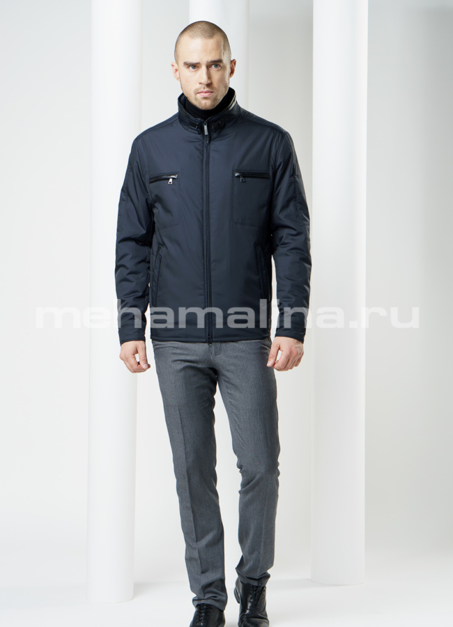 Синяя куртка на молнии, воротник стойка модель № KP-105 меха малина