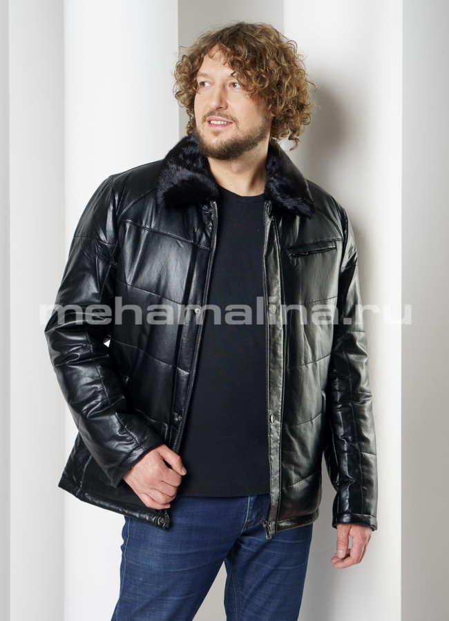 Пуховик из эко кожи, отделка норка модель № PK-234 меха малина