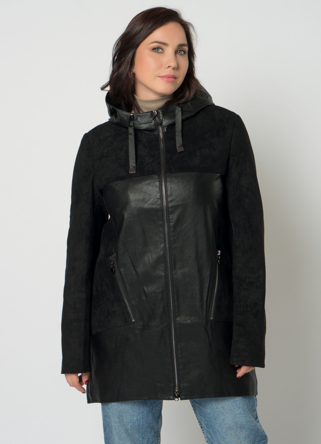 Полупальто из эко кожи с капюшоном модель № 21575 меха малина