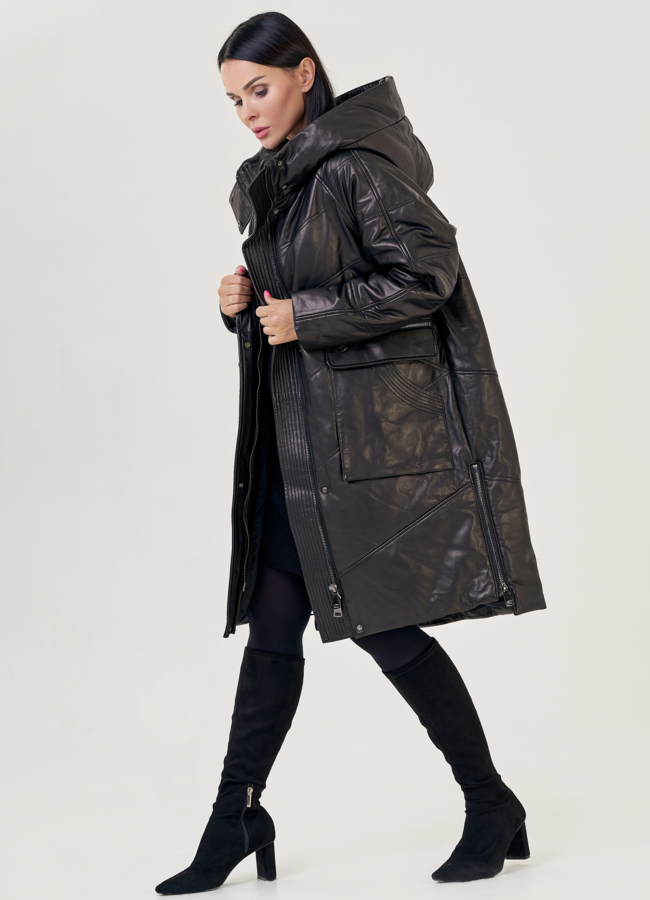 Женский пуховик из натуральной кожи с капюшоном модель № 23266 универмаг малина