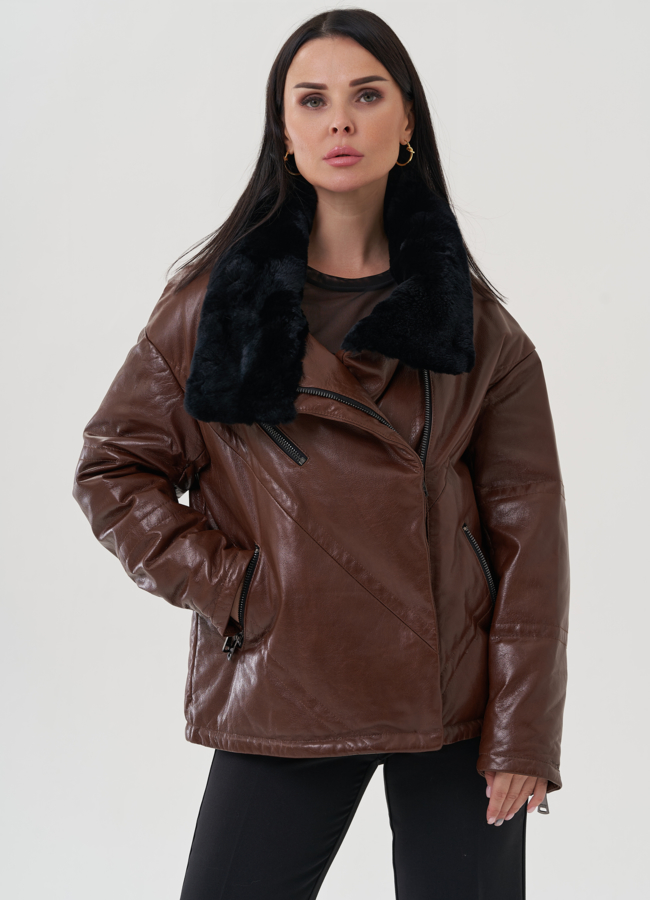 Утепленная куртка из натуральной кожи модель № 25378 меха малина