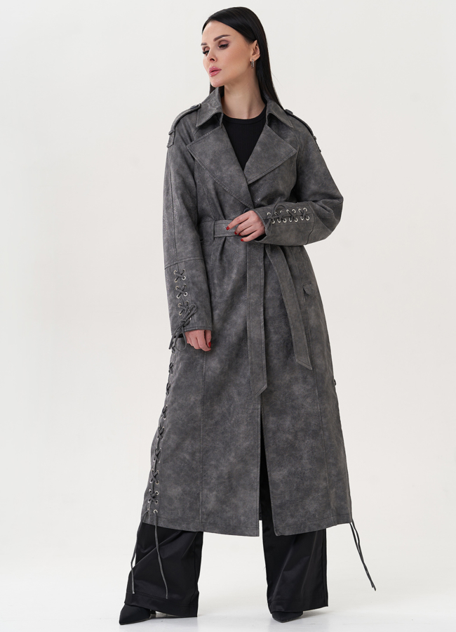 Удлиненный тренч из эко кожи с акцентной шнуровкой модель № 26807 меха малина