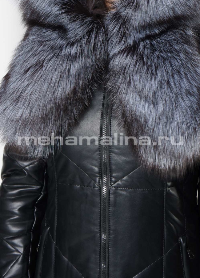 Удлиненный пуховик из эко кожи с капюшоном модель № 6160 универмаг малина