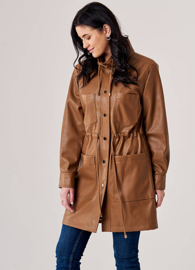 Плащ женский из эко кожи коричневого цвета модель № 20794 универмаг малина