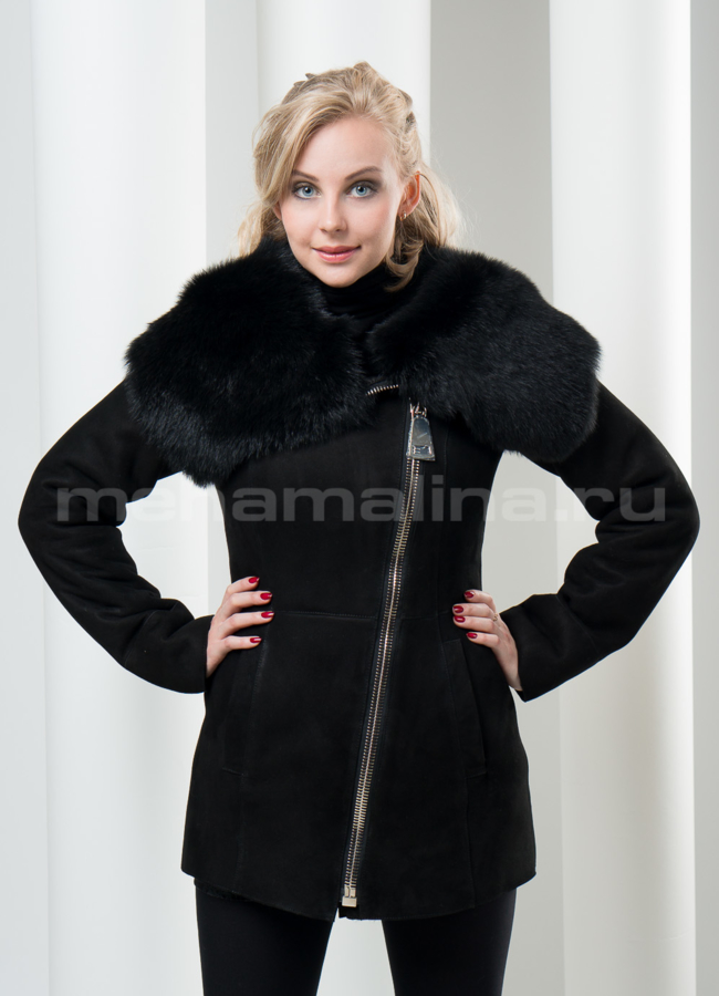 Дубленка с капюшоном укороченная модель № D-76 меха малина Дубленка с капюшоном укороченная модель № D-76 меха малина