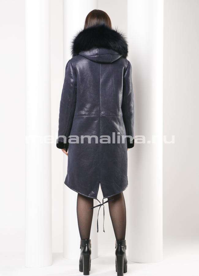 Удлиненная дубленка из эко кожи синего цвета модель № S-158 в кредит