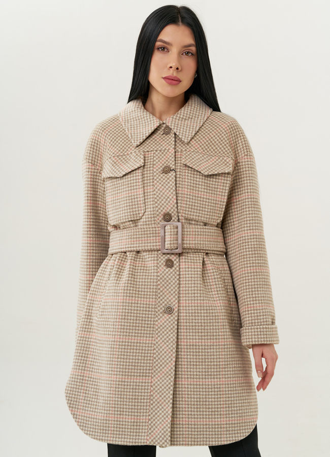 Женское пальто-рубашка с поясом модель № 22423 меха малина