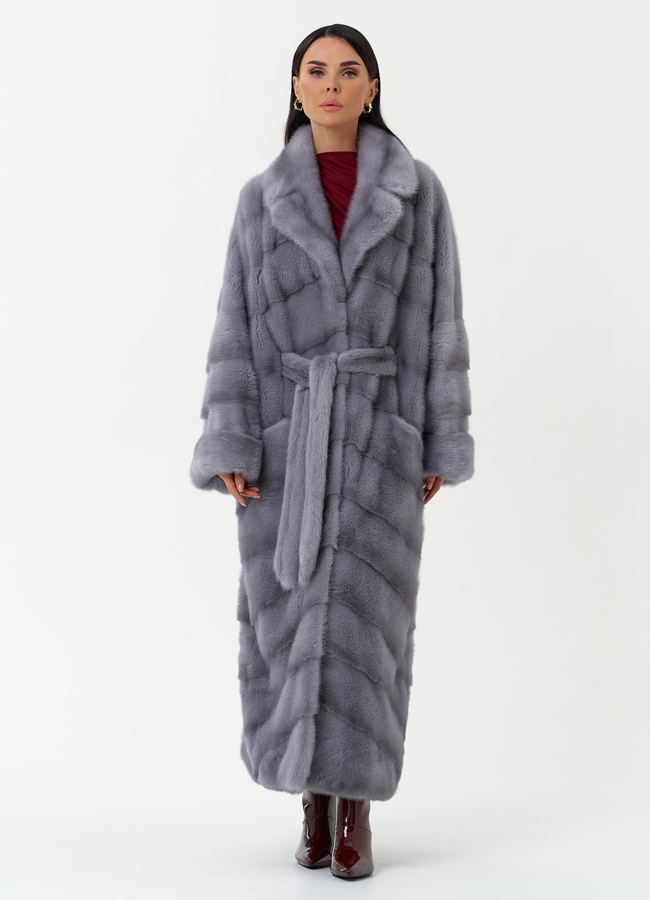 Длинная шуба из меха норки с английским воротником модель № 31041 меха малина