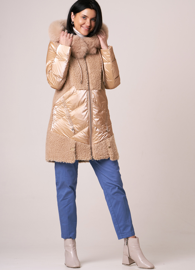 Пуховик с шерстью на молнии с капюшоном модель № 912-1 меха малина