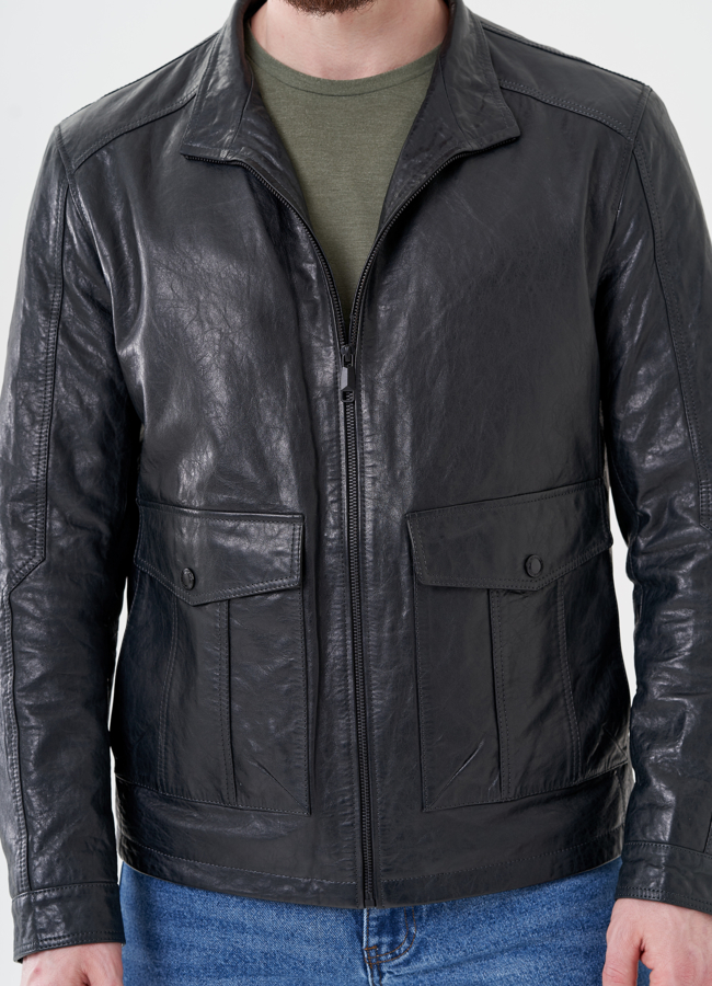 Мужская кожаная куртка серого цвета  модель № 24481 универмаг малина