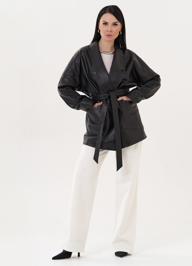 Кожаная куртка-пиджак с поясом модель № 26952 меха малина