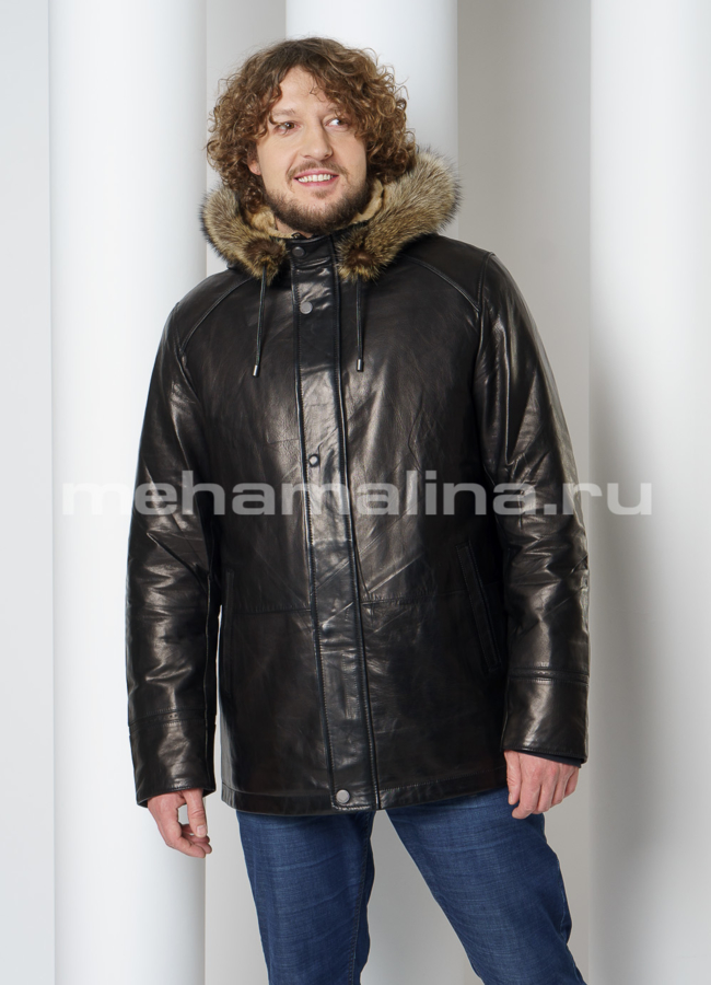 Дубленка из натуральной кожи на волке с капюшоном модель № DM-131 универмаг малина