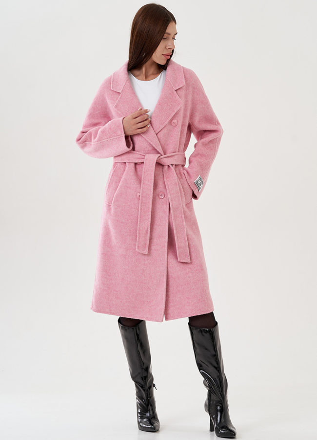 фото Пальто удлиненное в розовом цвете с поясом модель № 81424 фото Пальто удлиненное в розовом цвете с поясом модель № 81424
