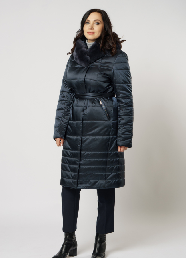 Пуховик на поясе с капюшоном, отделка кролик модель № 1963 в рассрочку