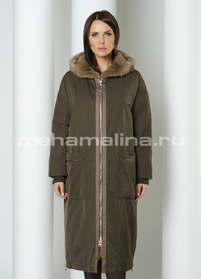 Парка прямая на молнии с капюшоном, отделка норка модель № 19263 меха малина