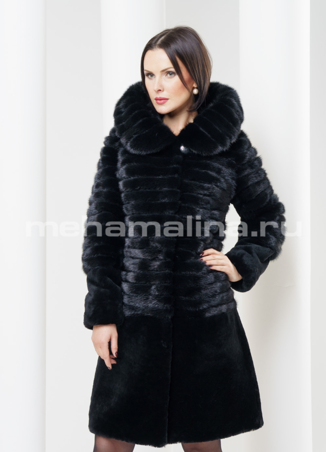 Шуба из мутона с норкой, цвет черный модель № S-319 универмаг малина