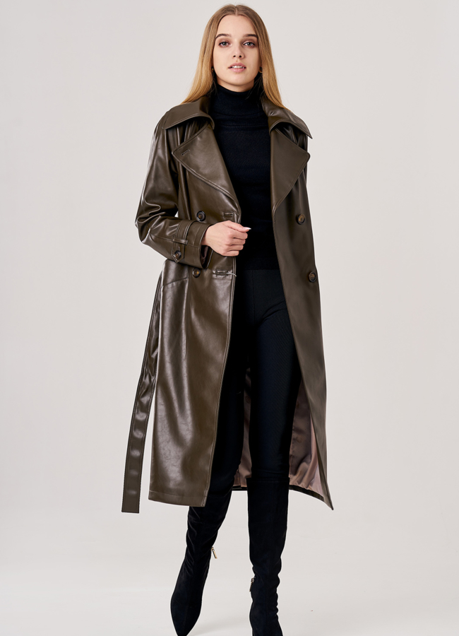 Плащ женский из эко кожи зеленого цвета модель № 5-0128/1-110 универмаг малина