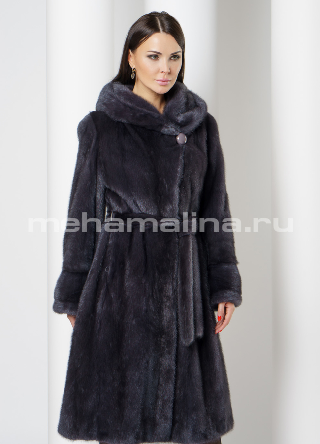 Норковая шуба годе с капюшоном цвет графит модель № S-727 меха малина