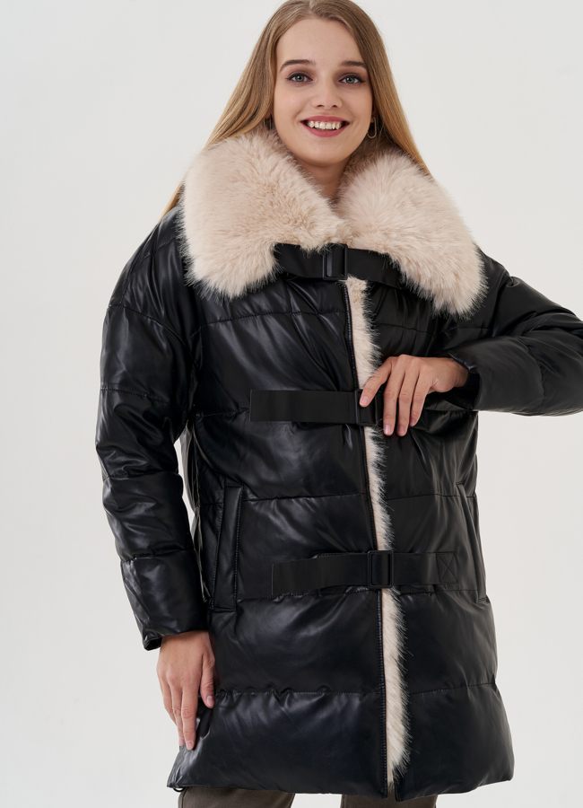 Пуховик из эко кожи с воротником из эко меха  модель № 24868 универмаг малина