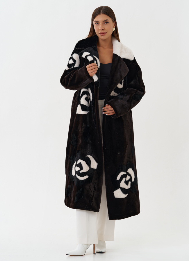 Пальто из эко меха с цветочным принтом модель № 28459 универмаг малина